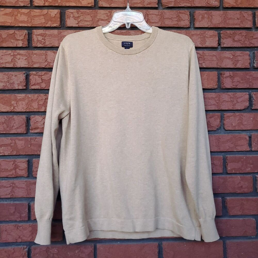 J Crew Factory Cotton Crew Neck Sweater Mens L Tan Beige Preppy Neutral Heritage